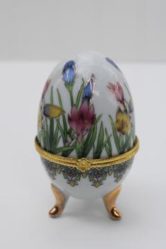 hinged lid Easter egg porcelain trinket box, hand painted spring crocus flowers gold