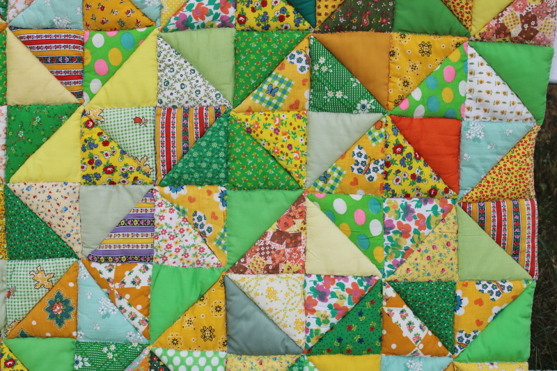 hippie vintage calico prints puff quilt comforter, patchwork triangles lime green orange yellow