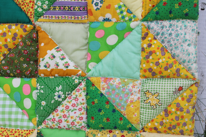 hippie vintage calico prints puff quilt comforter, patchwork triangles lime green orange yellow