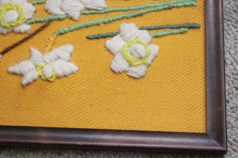 hippie vintage crewel embroidery pictures, framed wall art yarn embroidered flowers
