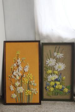 hippie vintage crewel embroidery pictures, framed wall art yarn embroidered flowers