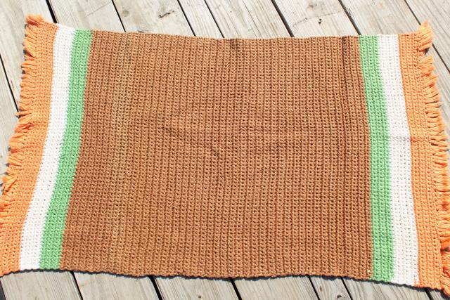 hippie vintage crocheted rugs, soft thick yarn crochet scatter rugs w/ fringe