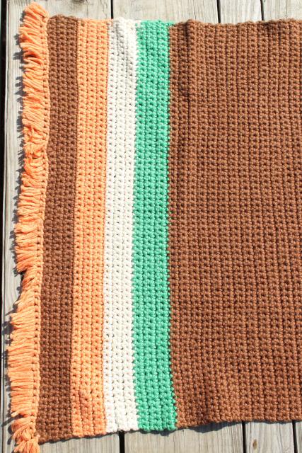 hippie vintage crocheted rugs, soft thick yarn crochet scatter rugs w/ fringe