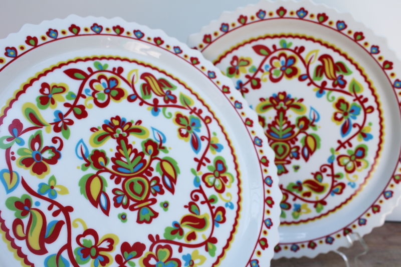 hippie vintage folk art style dinner plates, colorful ethnic floral Sango Basque