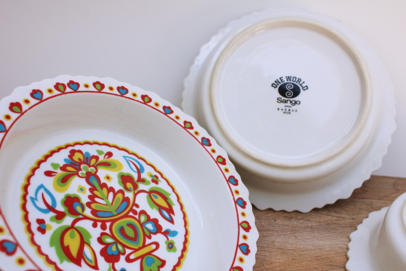 hippie vintage folk art style salad plate bowls, colorful ethnic floral Sango Basque