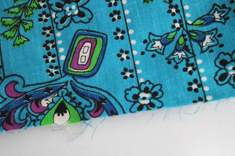 hippie vintage mod paisley print cotton fabric, bright aqua blue, purple, green