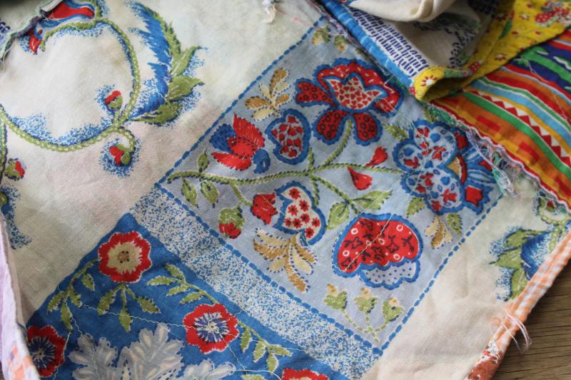 hippie vintage patchwork crazy quilt bedspread, a jumble of cotton prints of all colors