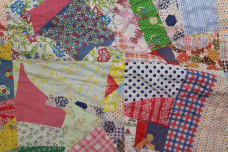 hippie vintage patchwork crazy quilt bedspread, a jumble of cotton prints of all colors