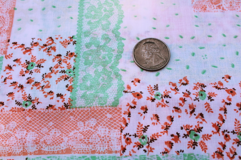 hippie vintage poly cotton fabric, calico  lace print patchwork mint green  blush pink