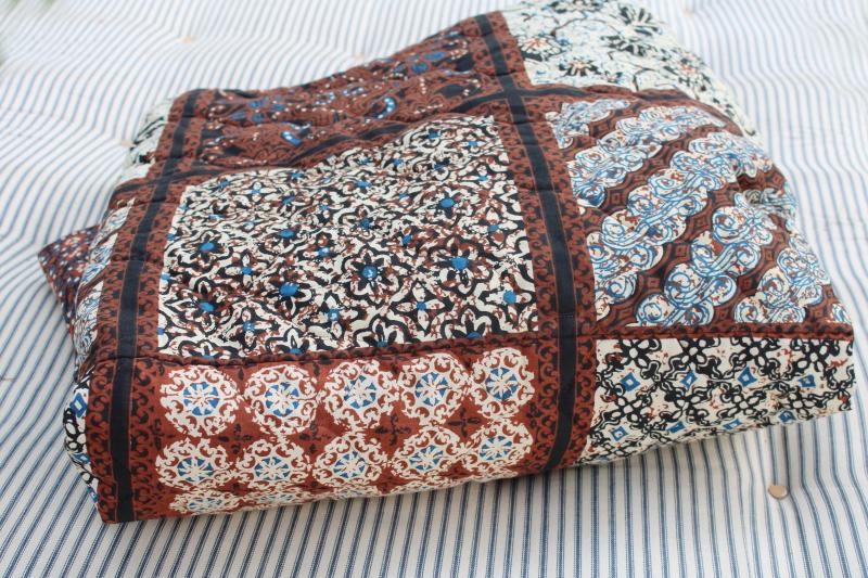 hippie vintage quilted cotton poly bedspread, boho batik print indigo blue & brown