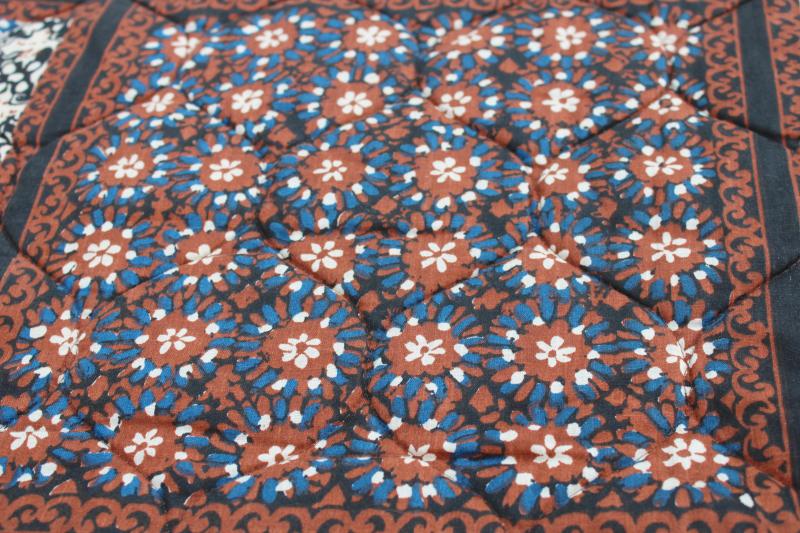 hippie vintage quilted cotton poly bedspread, boho batik print indigo blue & brown