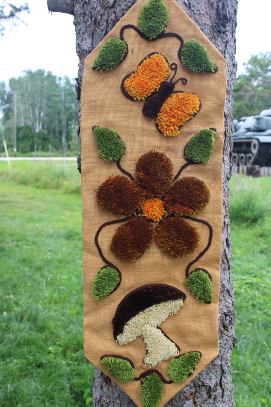 hippie vintage rya rug hooked burlap wall hanging, mushroom, butterfly, daisy