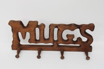 hippie vintage wood MUGS wall hanging mug rack for 70s retro kitchen, coffee bar!