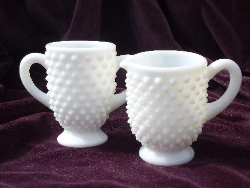 hobnail milk glass creamer and sugar set, vintage Fenton or L E Smith?