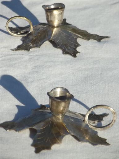 holly leaf finger ring candlesticks, silver wash over brass candle holders