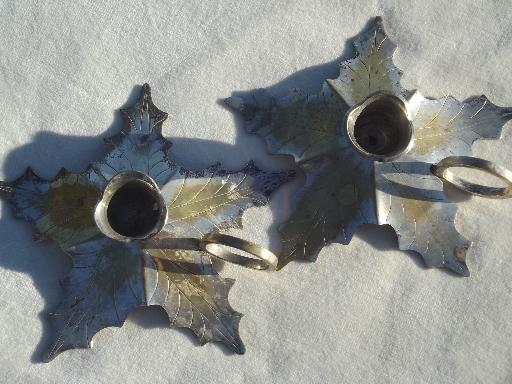 holly leaf finger ring candlesticks, silver wash over brass candle holders