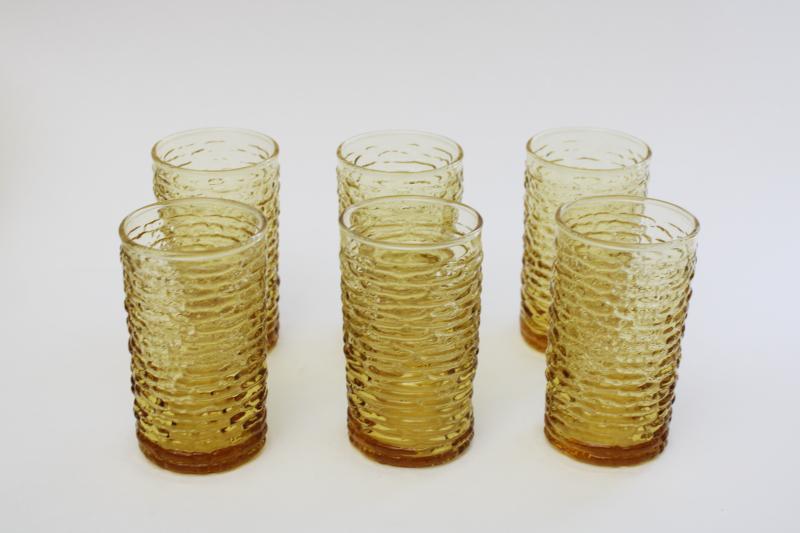 honey gold amber glass tumblers, set of crinkle texture drinking glasses Soreno Anchor Hocking