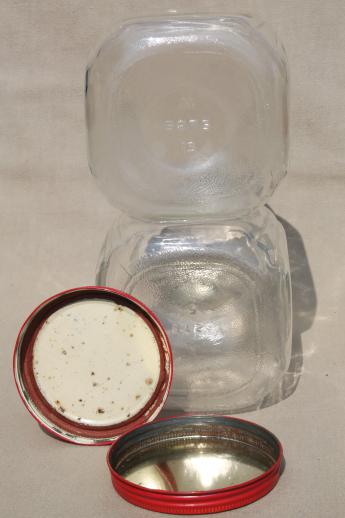 hoosier vintage glass jars w/ red painted metal lids, pantry storage jars or kitchen canisters