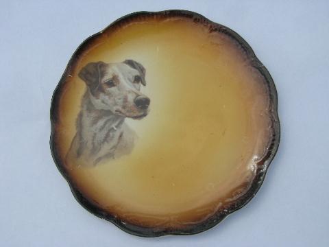 hound & terrier dog, early 1900s antique vintage china plates w/ hunting dogs