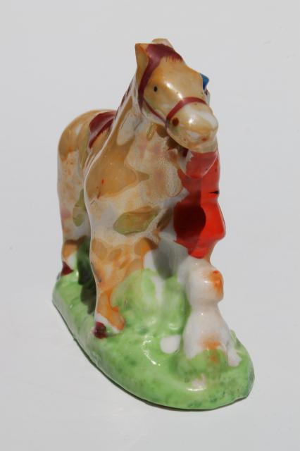 hounds, horse & rider hunt scene vintage china figurine, hand-painted Japan