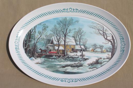 huge Christmas turkey platter w/ Currier & Ives print, vintage Brookpark melmac 