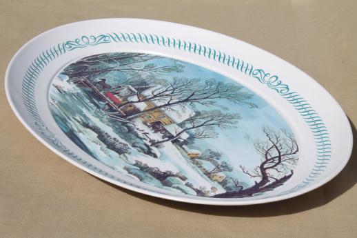 huge Christmas turkey platter w/ Currier & Ives print, vintage Brookpark melmac 