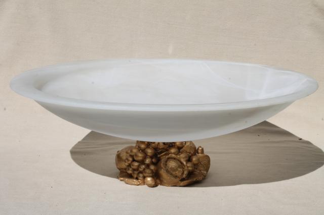 huge alabaster glass bowl, pure white frosted satin glass centerpiece w/ gold stand