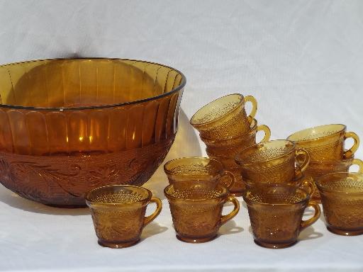 huge amber glass punch bowl / cups set, vintage Tiara sandwich glass