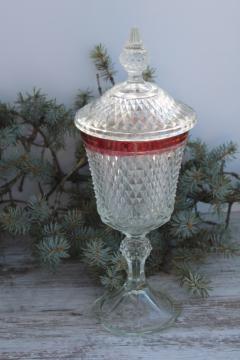 huge apothecary jar candy dish, vintage Indiana glass ruby stain band diamond point glass urn