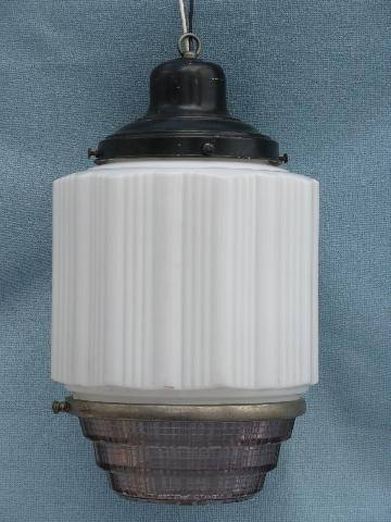 huge art deco electric light, transluscent white ribbed shade / prismatic glass