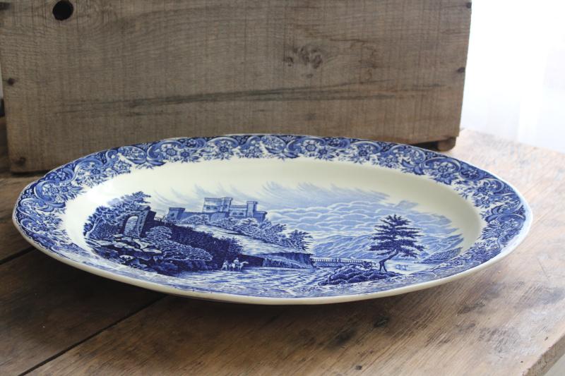 huge blue & white transferware china platter, vintage English scenery British castle views