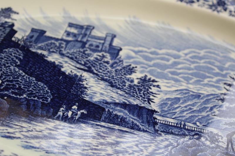 huge blue & white transferware china platter, vintage English scenery British castle views