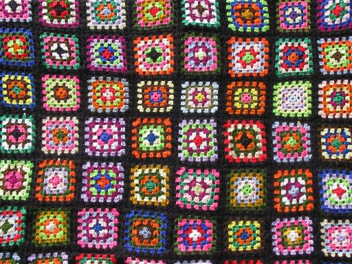 huge cozy vintage afghan throw blanket, retro granny squares crochet