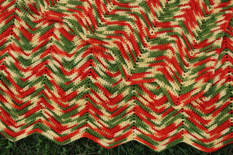 huge crochet afghan bedspread, hippie vintage Indian blanket southwest colors gold rust green