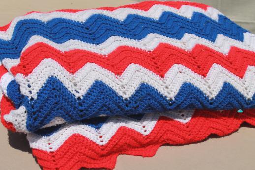 huge crochet afghan in red, white and blue - 4th of July picnic blanket or king size bedspread