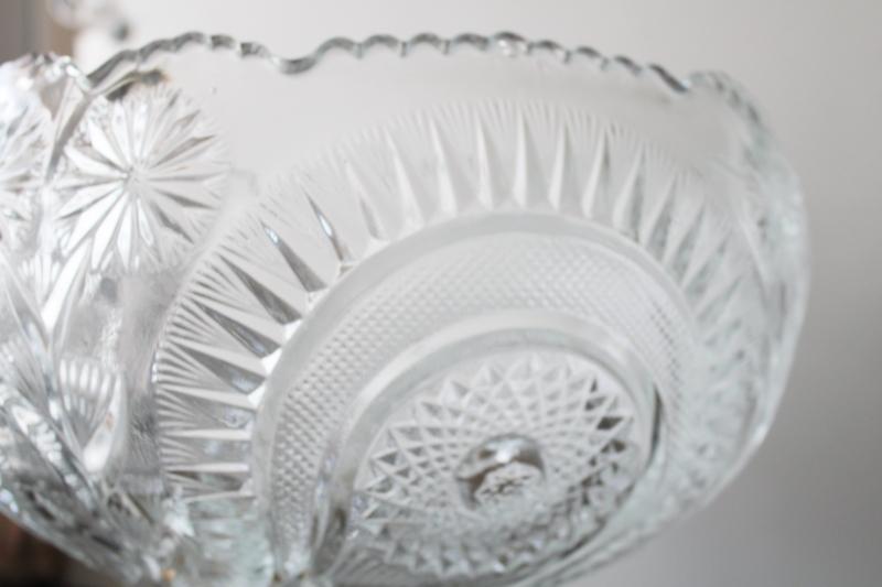 huge crystal clear pressed glass punch bowl w/ ornate metal stand, pinwheel pattern