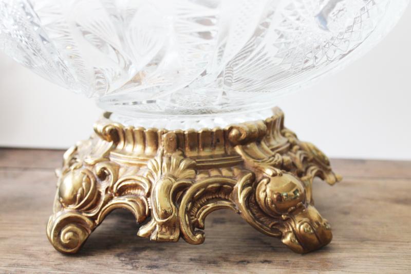huge crystal clear pressed glass punch bowl w/ ornate metal stand, pinwheel pattern