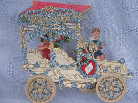 huge fold-out paper die-cut Valentine, Victorian horseless carriage, Germany