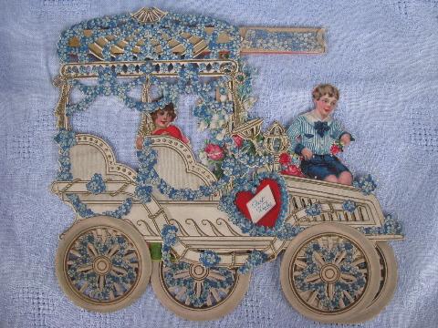 huge fold-out paper die-cut Valentine, Victorian horseless carriage, Germany
