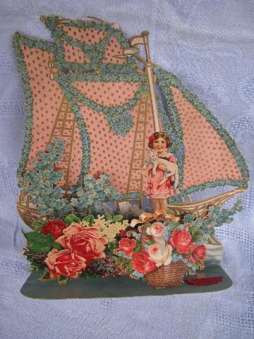 huge fold-out paper die-cut Valentine card, girl w/ kitten, roses, sailboat