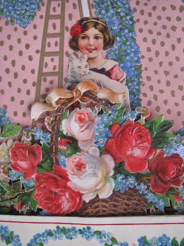 huge fold-out paper die-cut Valentine card, girl w/ kitten, roses, sailboat