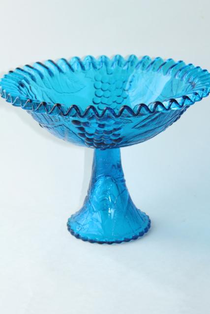 huge fruit bowl, vintage blue glass compote pedestal dish, centerpiece for grapes
