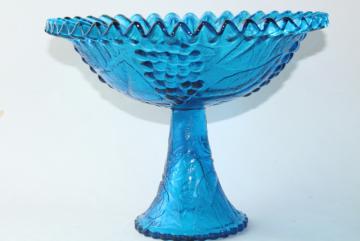 huge fruit bowl, vintage blue glass compote pedestal dish, centerpiece for grapes