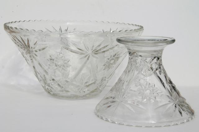 huge glass punch bowl & stand, vintage Anchor Hocking EAPC star pattern prescut