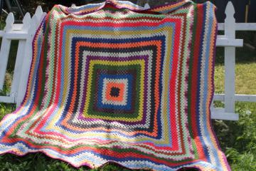 huge granny square crochet afghan blanket, 1970s vintage hippie style retro colors