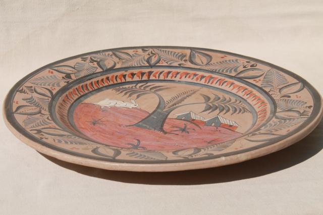 huge hand painted Mexican pottery tray or charger plate, vintage folk art
