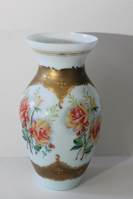 huge hand painted glass vase umbrella stand, vintage Bohemian Czech milk glass gold & roses
