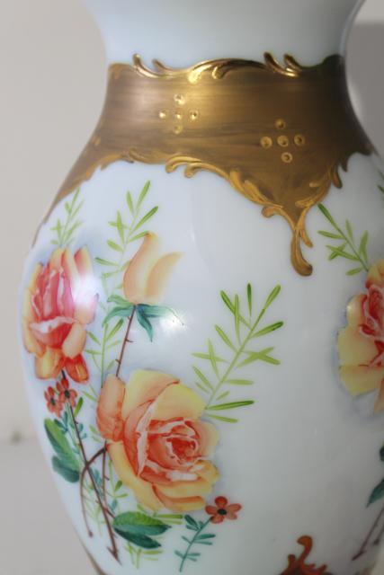 huge hand painted glass vase umbrella stand, vintage Bohemian Czech milk glass gold & roses