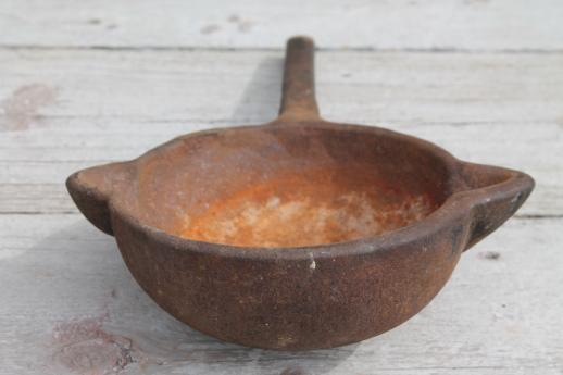 huge heavy antique cast iron ladle, old blacksmithing tool or lead melting pot