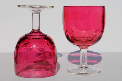 huge hoffman house thumbprint glass goblets / wine glasses, ruby stain flashed color clear stem